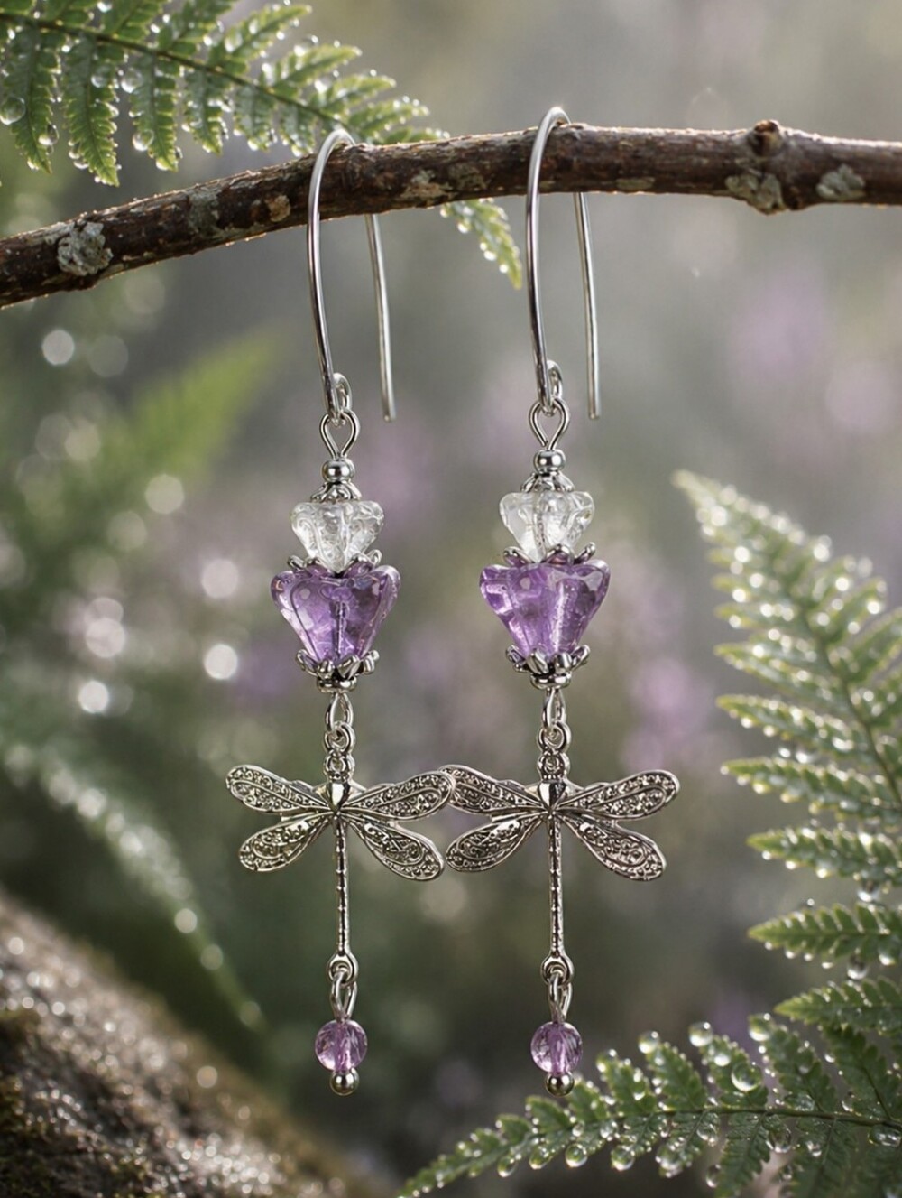 HAND CRAFTED Silver Dragonfly Earrings Purple Czech Glass Flower Fairycore Boho